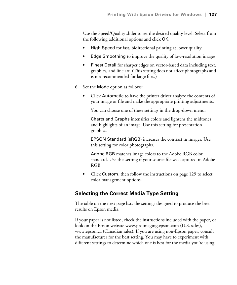 Selecting the correct media type setting | Epson STYLUS 7900 User Manual | Page 127 / 238