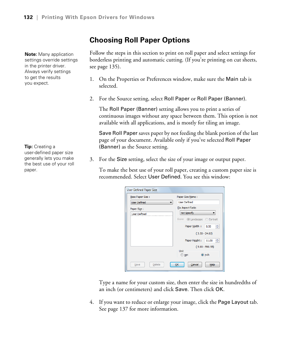 Choosing roll paper options, Choosing roll paper settings | Epson STYLUS 7900 User Manual | Page 132 / 238