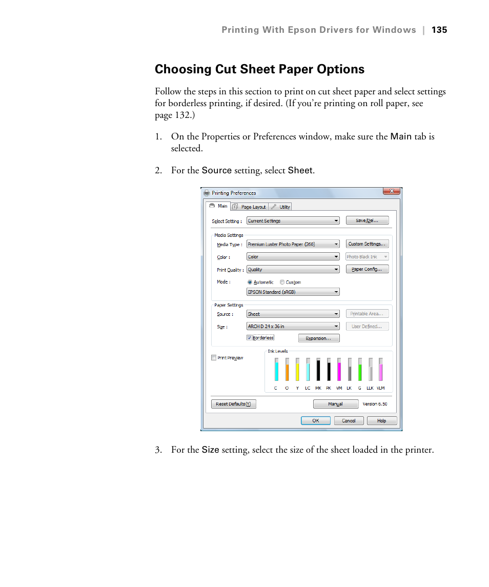 Choosing cut sheet paper options, 135 (wind, Choosing cut sheet paper settings | Epson STYLUS 7900 User Manual | Page 135 / 238