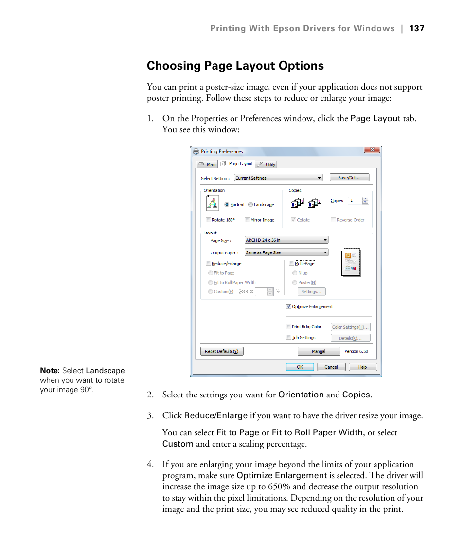Choosing page layout options | Epson STYLUS 7900 User Manual | Page 137 / 238