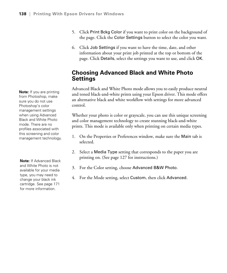 Choosing advanced black and white photo settings | Epson STYLUS 7900 User Manual | Page 138 / 238