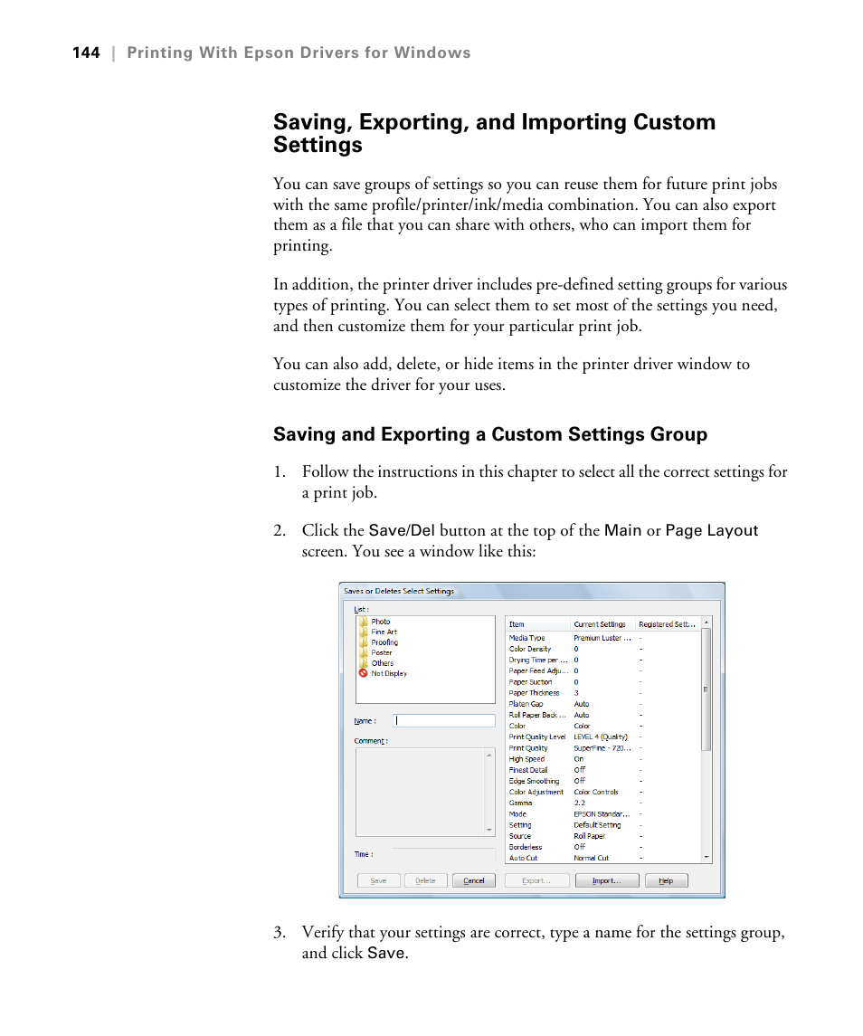 Saving, exporting, and importing custom settings, Saving and exporting a custom settings group | Epson STYLUS 7900 User Manual | Page 144 / 238