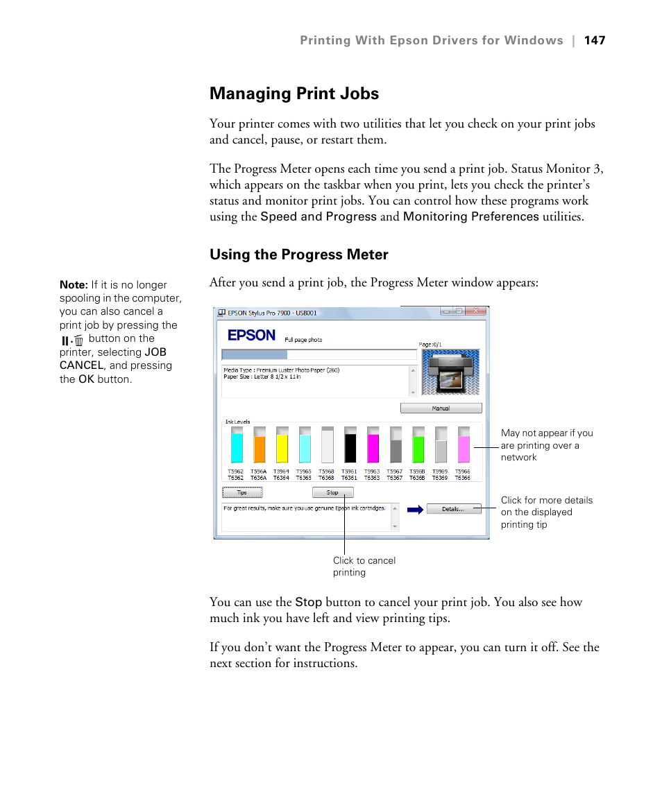 Managing print jobs, Using the progress meter | Epson STYLUS 7900 User Manual | Page 147 / 238