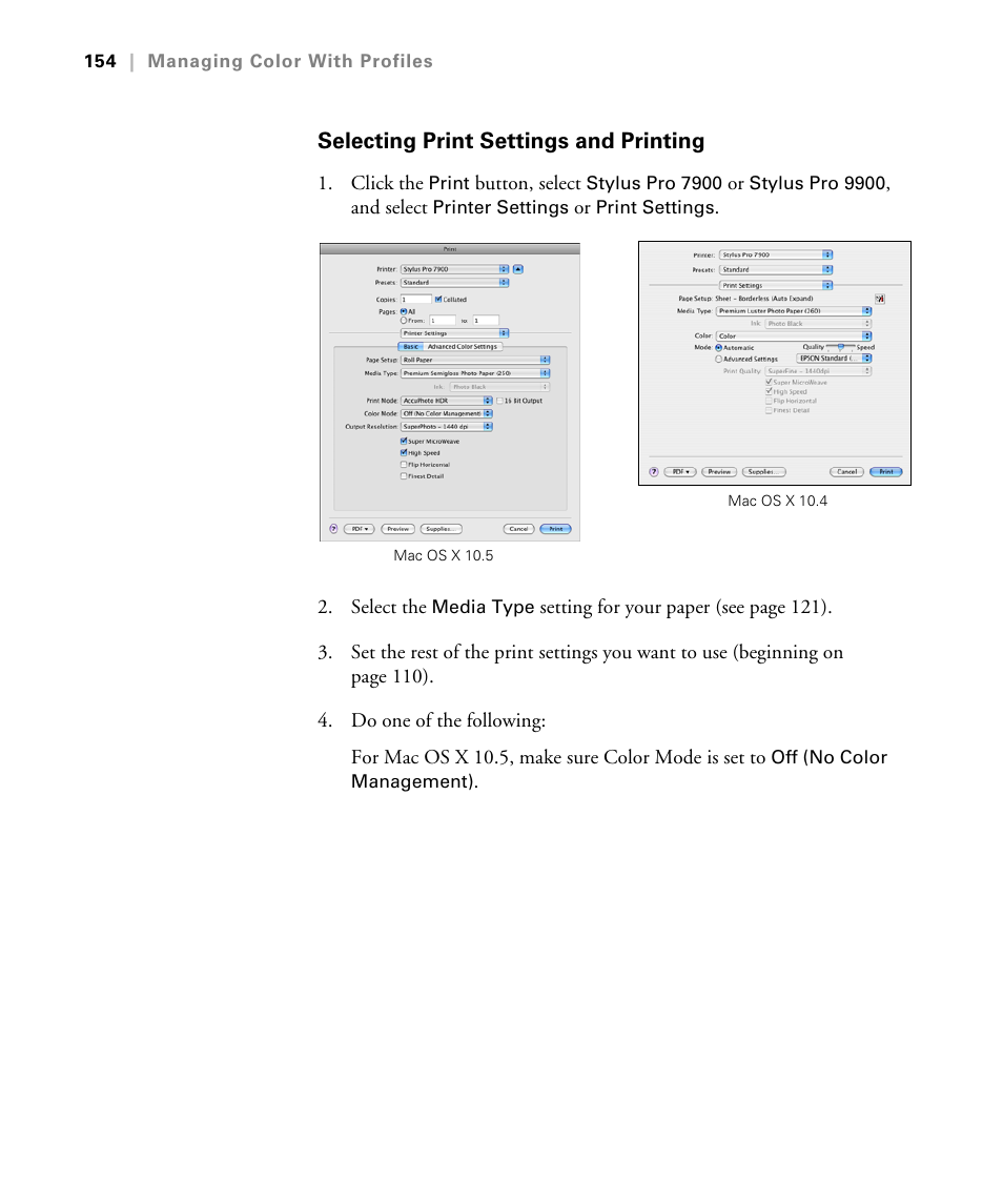 Selecting print settings and printing | Epson STYLUS 7900 User Manual | Page 154 / 238