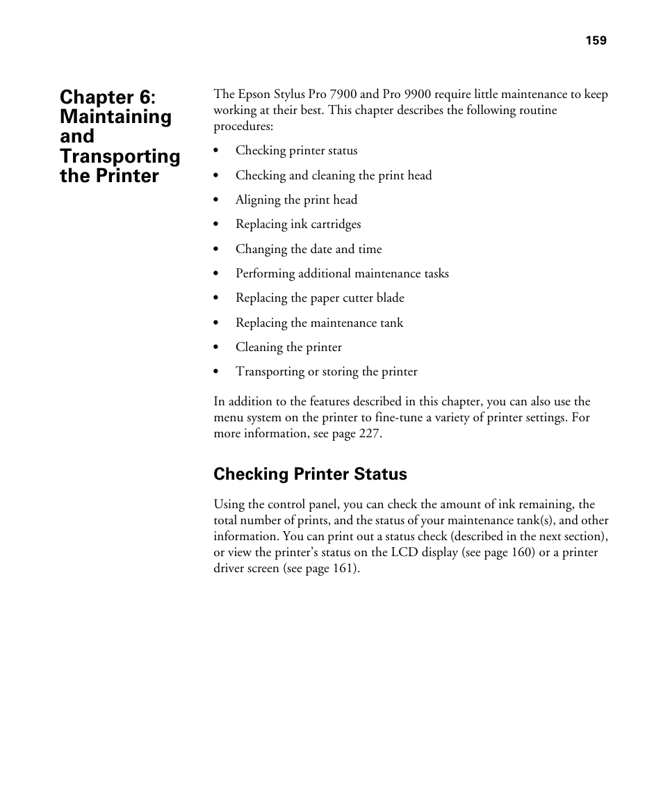 Chap 6-maintaining and transporting the printer, Checking printer status, 6 maintaining and transporting the printer | Epson STYLUS 7900 User Manual | Page 159 / 238