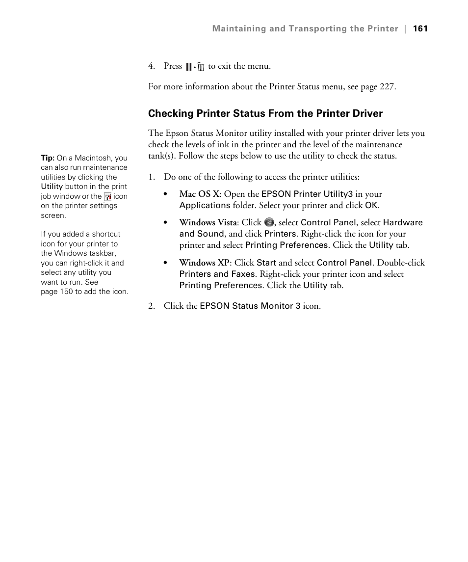 Checking printer status from the printer driver | Epson STYLUS 7900 User Manual | Page 161 / 238