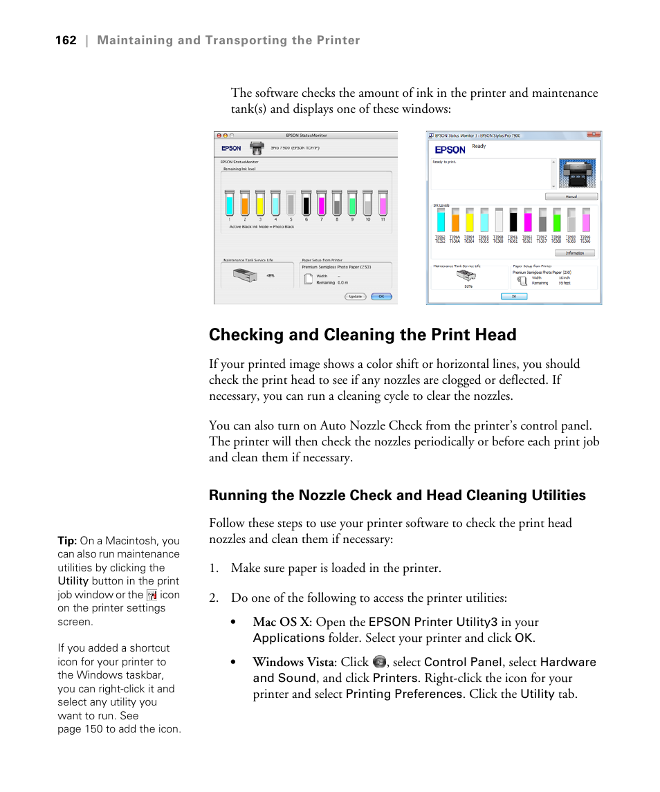 Checking and cleaning the print head | Epson STYLUS 7900 User Manual | Page 162 / 238