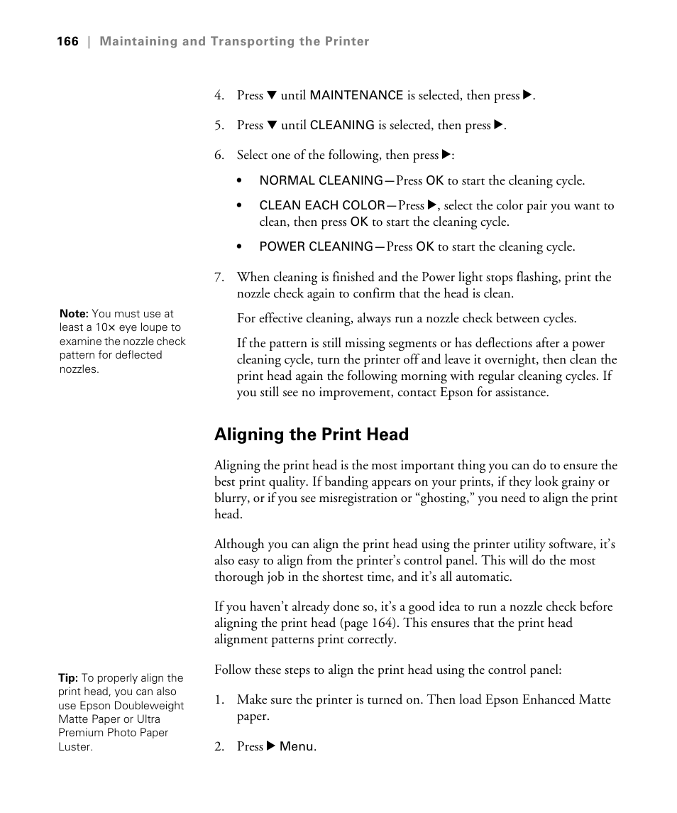 Aligning the print head | Epson STYLUS 7900 User Manual | Page 166 / 238