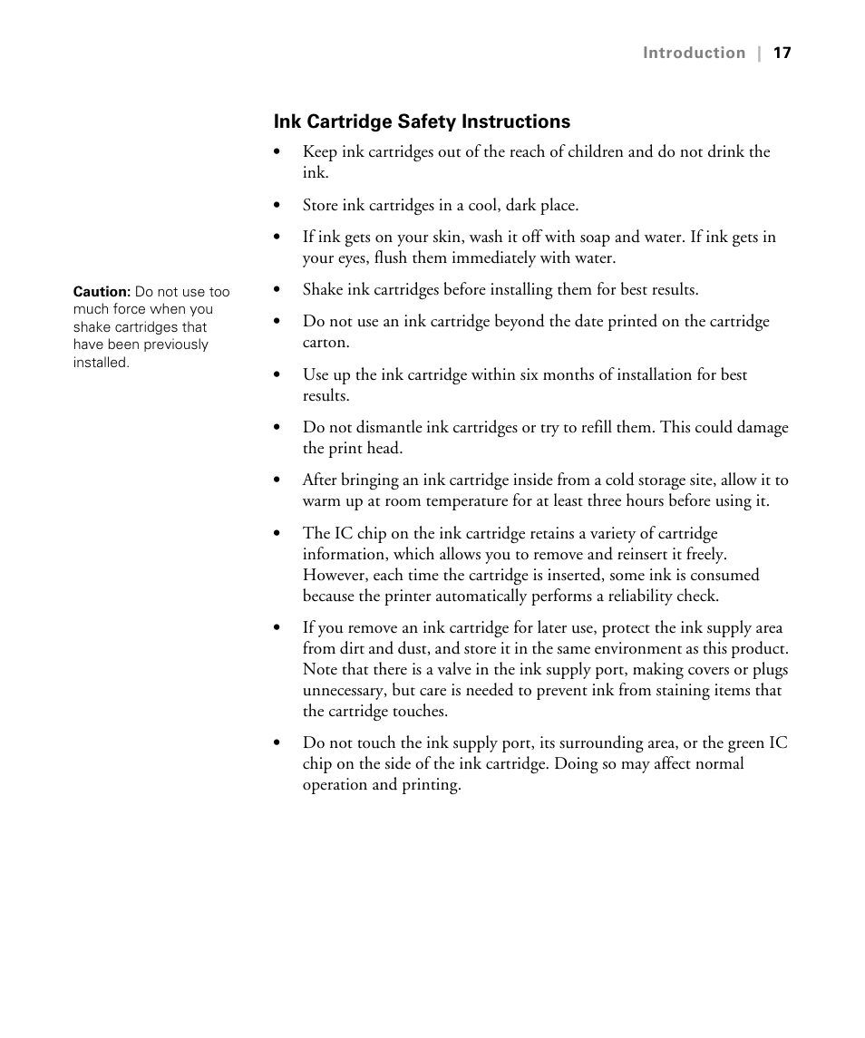 Ink cartridge safety instructions | Epson STYLUS 7900 User Manual | Page 17 / 238