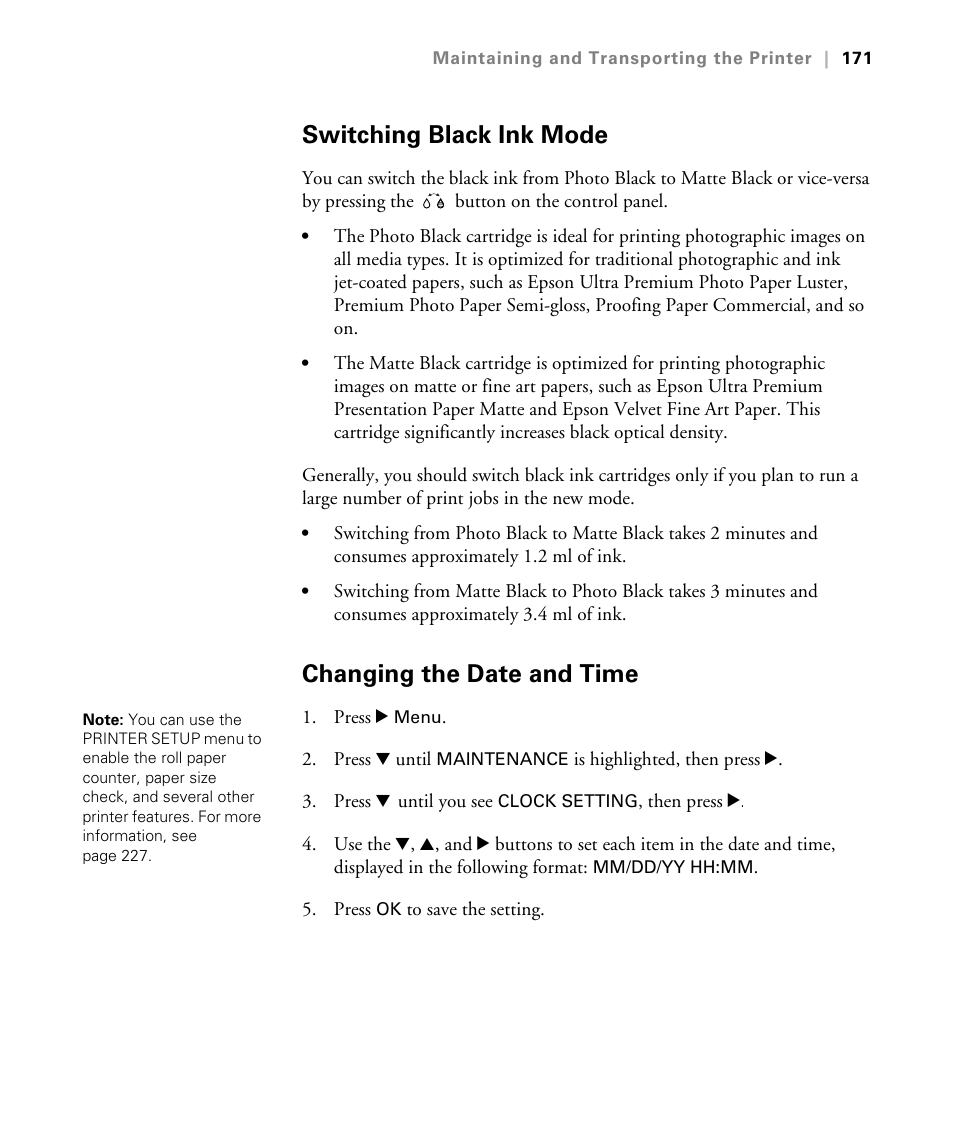 Switching black ink mode, Changing the date and time | Epson STYLUS 7900 User Manual | Page 171 / 238