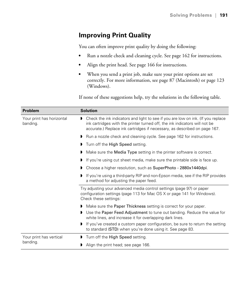 Improving print quality, Through 191 for more information | Epson STYLUS 7900 User Manual | Page 191 / 238