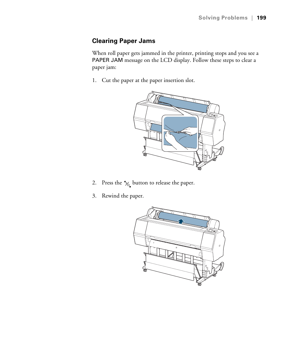 Clearing paper jams | Epson STYLUS 7900 User Manual | Page 199 / 238