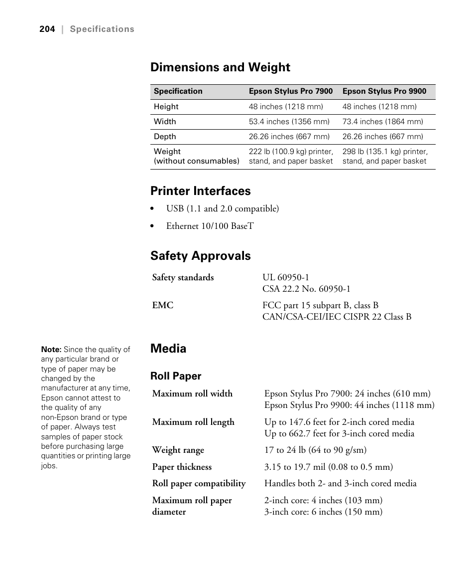 Dimensions and weight, Printer interfaces, Safety approvals | Media, Roll paper, Dimensions and weight printer interfaces, Safety approvals media | Epson STYLUS 7900 User Manual | Page 204 / 238