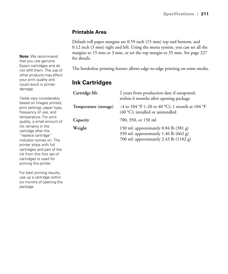 Printable area, Ink cartridges | Epson STYLUS 7900 User Manual | Page 211 / 238