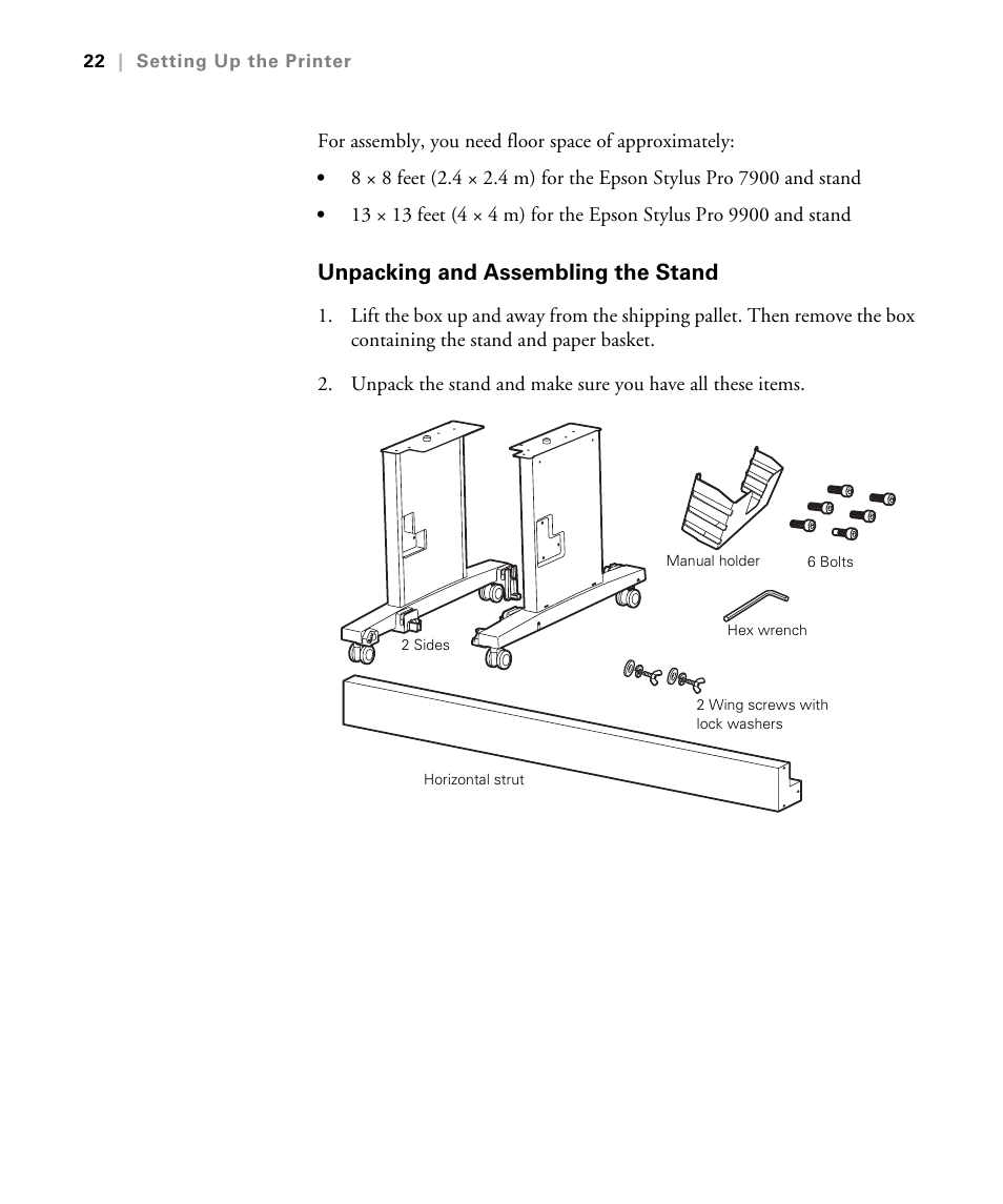 Unpacking and assembling the stand | Epson STYLUS 7900 User Manual | Page 22 / 238