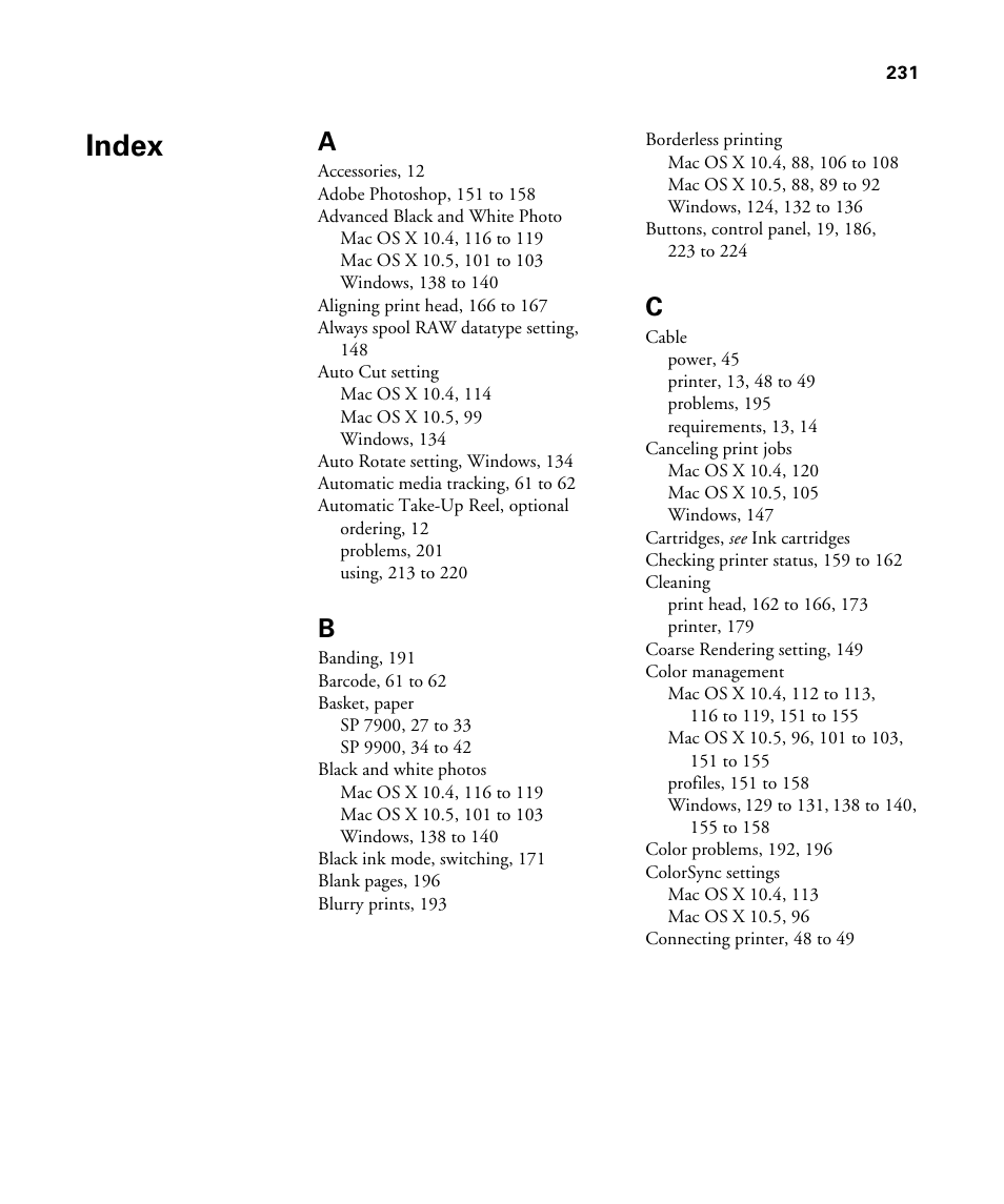 Index | Epson STYLUS 7900 User Manual | Page 231 / 238