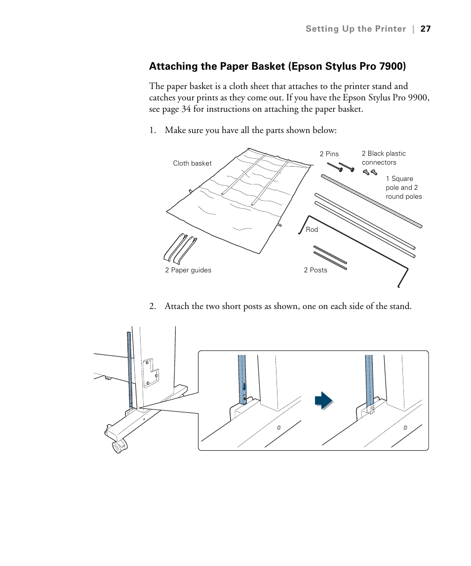 Attaching the paper basket (epson stylus pro 7900) | Epson STYLUS 7900 User Manual | Page 27 / 238