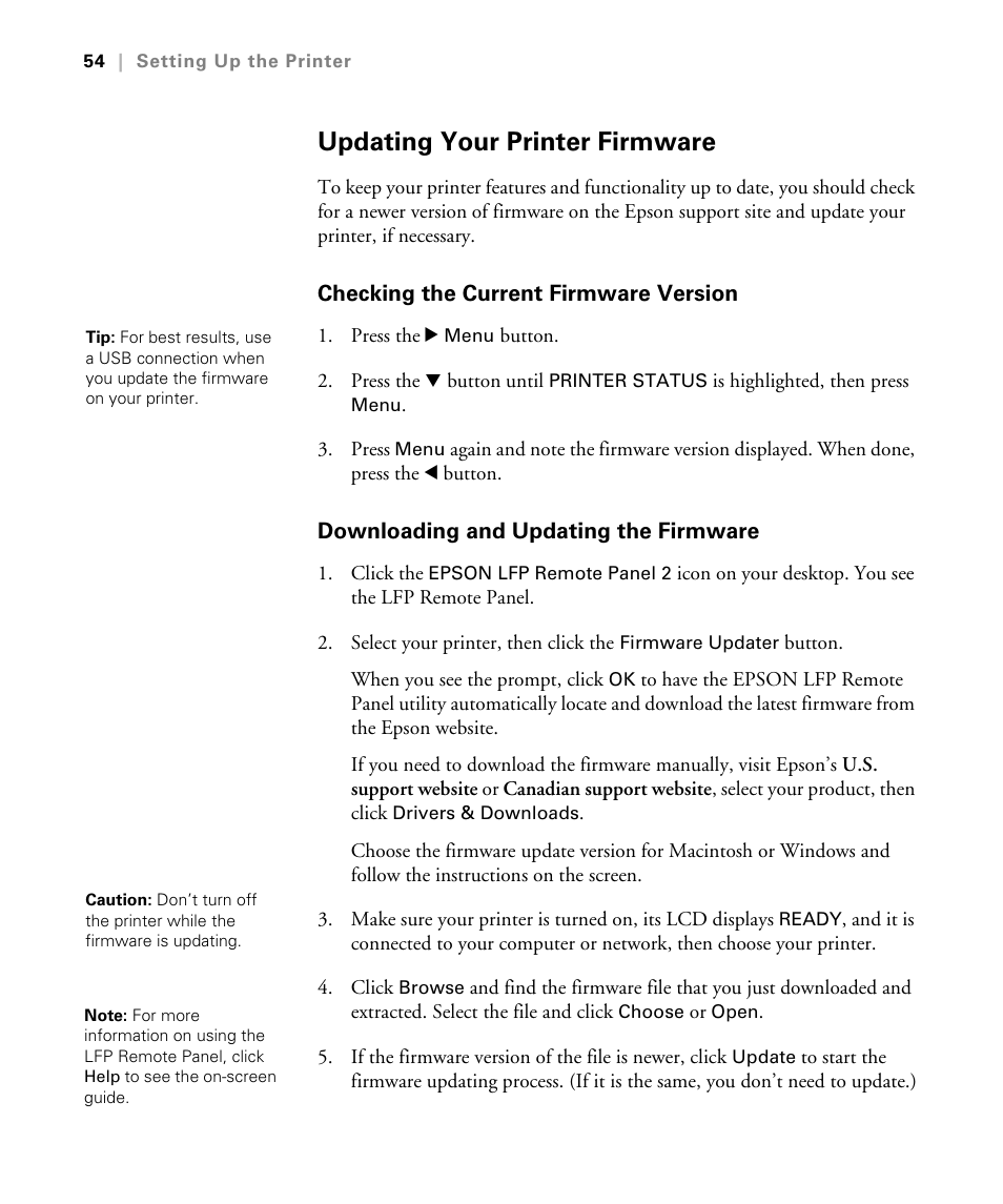 Updating your printer firmware, Checking the current firmware version, Downloading and updating the firmware | Updating the printer firmware | Epson STYLUS 7900 User Manual | Page 54 / 238