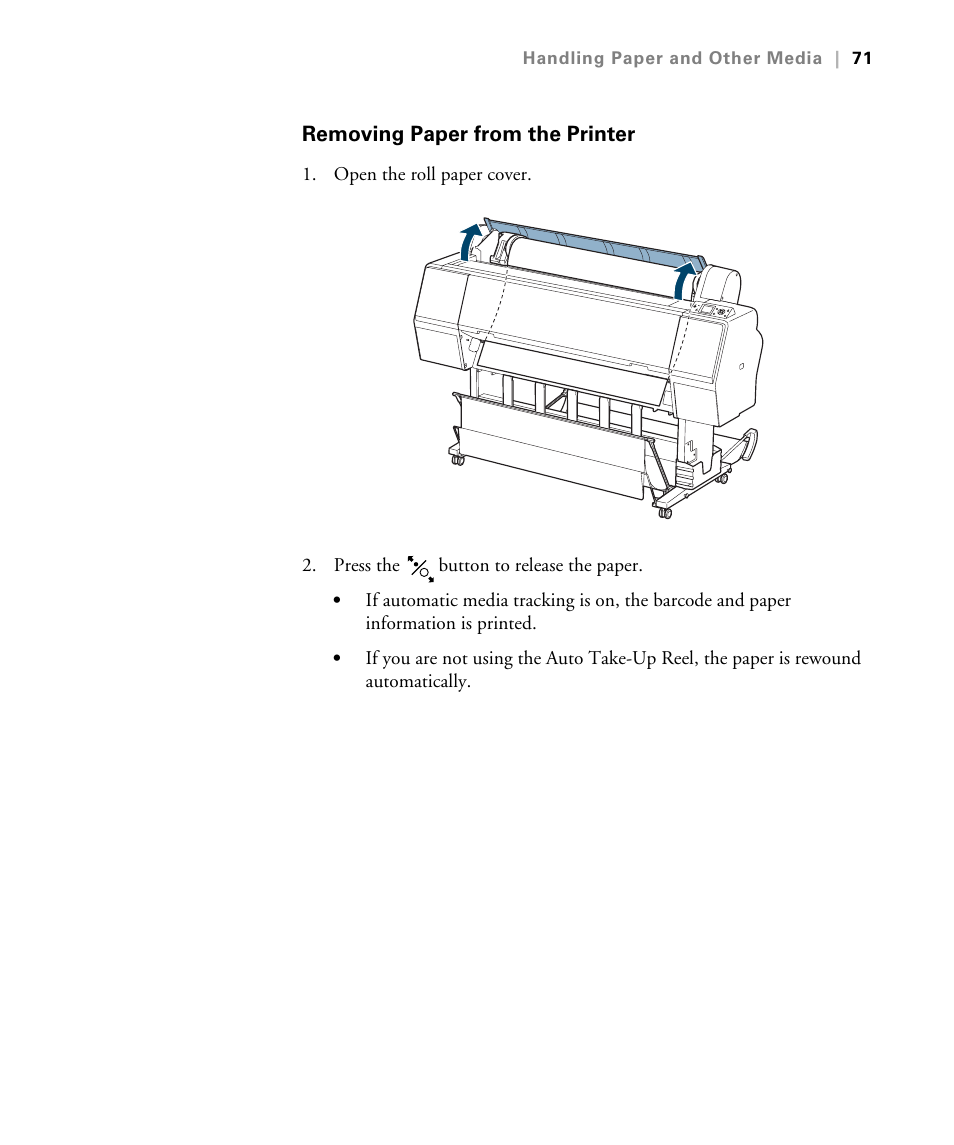 Removing paper from the printer | Epson STYLUS 7900 User Manual | Page 71 / 238