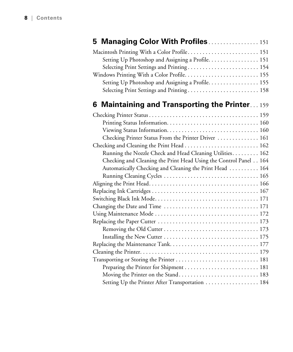 5 managing color with profiles, 6 maintaining and transporting the printer | Epson STYLUS 7900 User Manual | Page 8 / 238