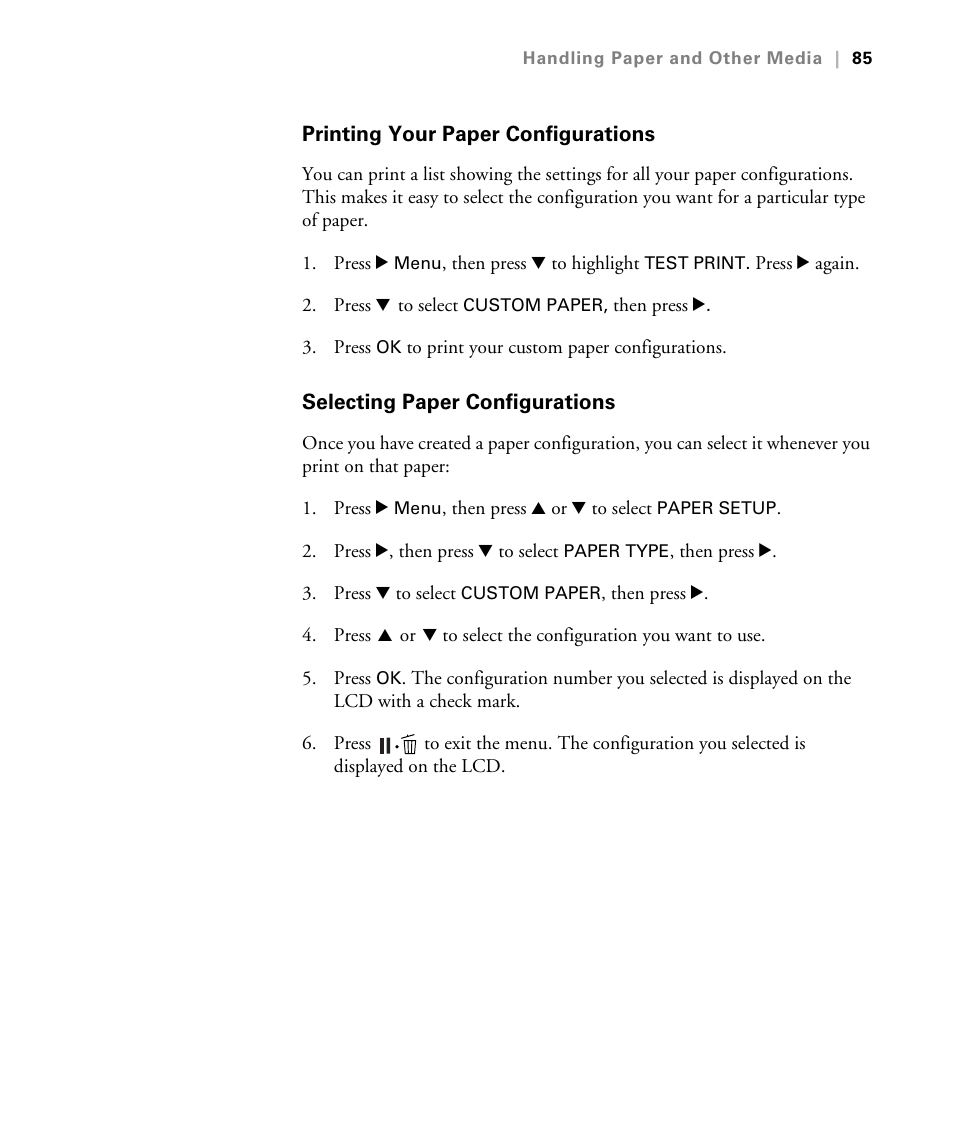 Printing your paper configurations, Selecting paper configurations | Epson STYLUS 7900 User Manual | Page 85 / 238