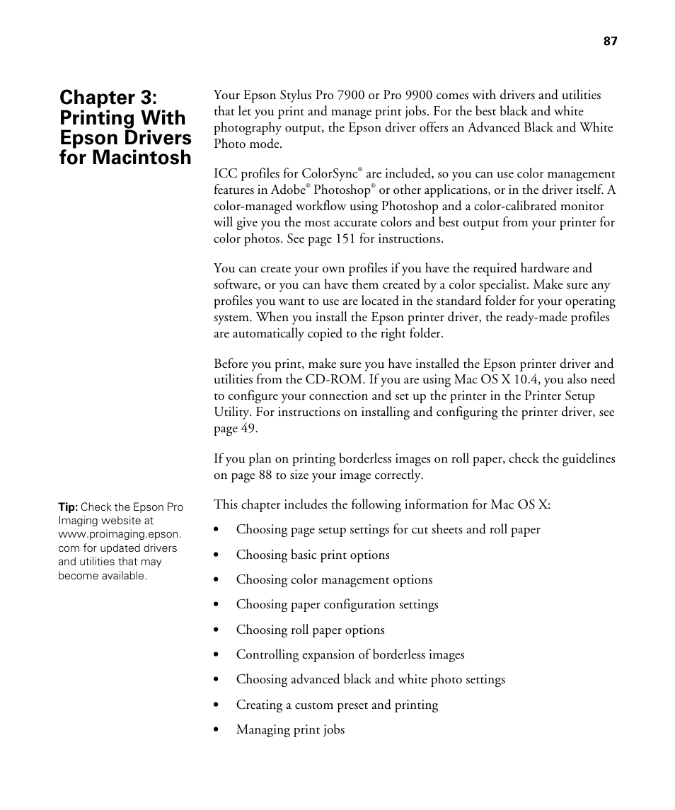 Chap 3-printing with epson drivers for macintosh, 3 printing with epson drivers for macintosh | Epson STYLUS 7900 User Manual | Page 87 / 238