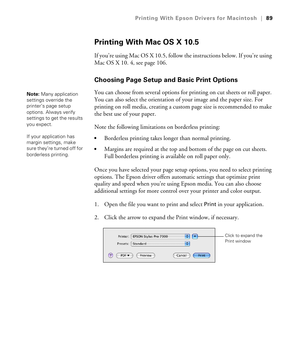 Printing with mac os x 10.5 | Epson STYLUS 7900 User Manual | Page 89 / 238