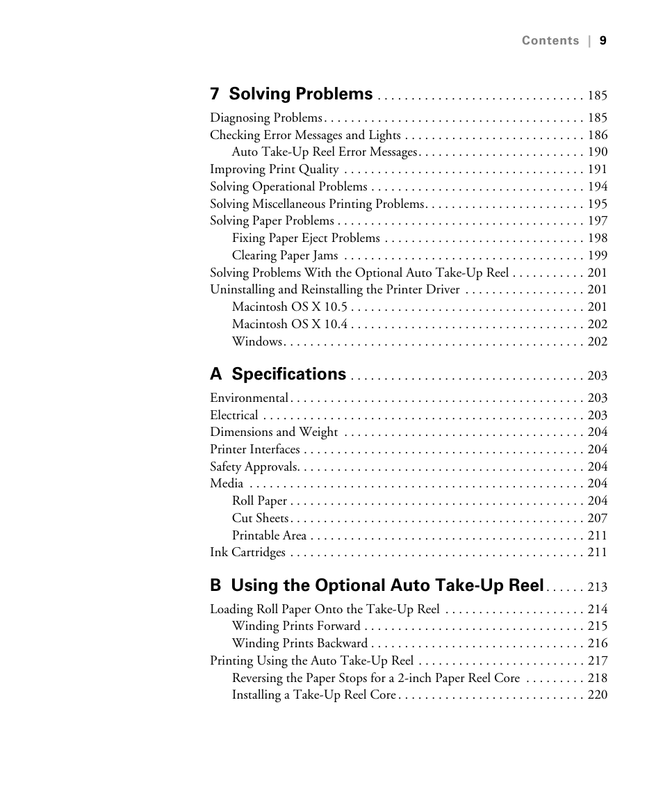7 solving problems, A specifications, B using the optional auto take-up reel | Epson STYLUS 7900 User Manual | Page 9 / 238