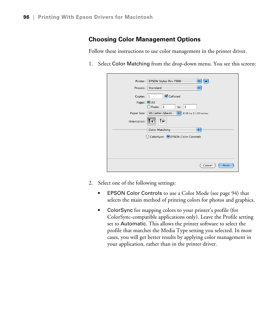 Choosing color management options | Epson STYLUS 7900 User Manual | Page 96 / 238