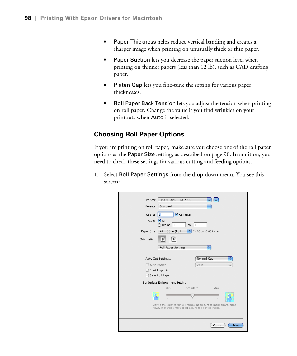 Choosing roll paper options | Epson STYLUS 7900 User Manual | Page 98 / 238