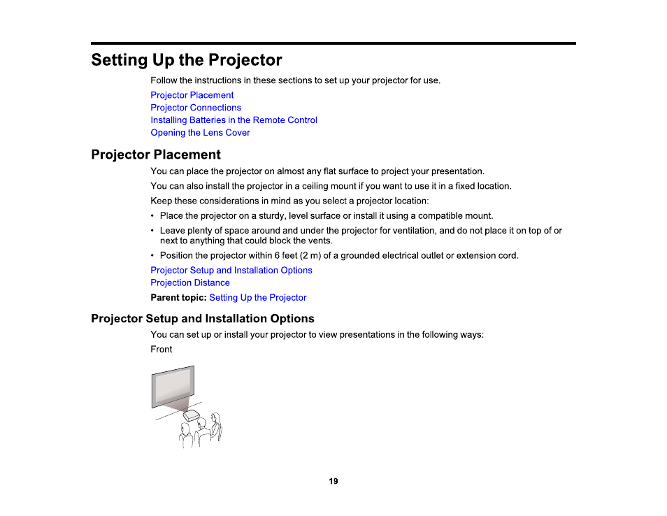 Setting up the projector, Projector placement, Projection distance | Epson VS315W User Manual | Page 19 / 117