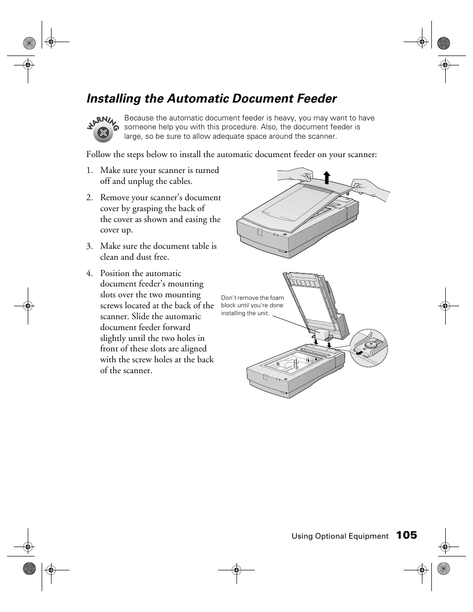 Installing the automatic document feeder | Epson Expression 1680 User Manual | Page 112 / 159