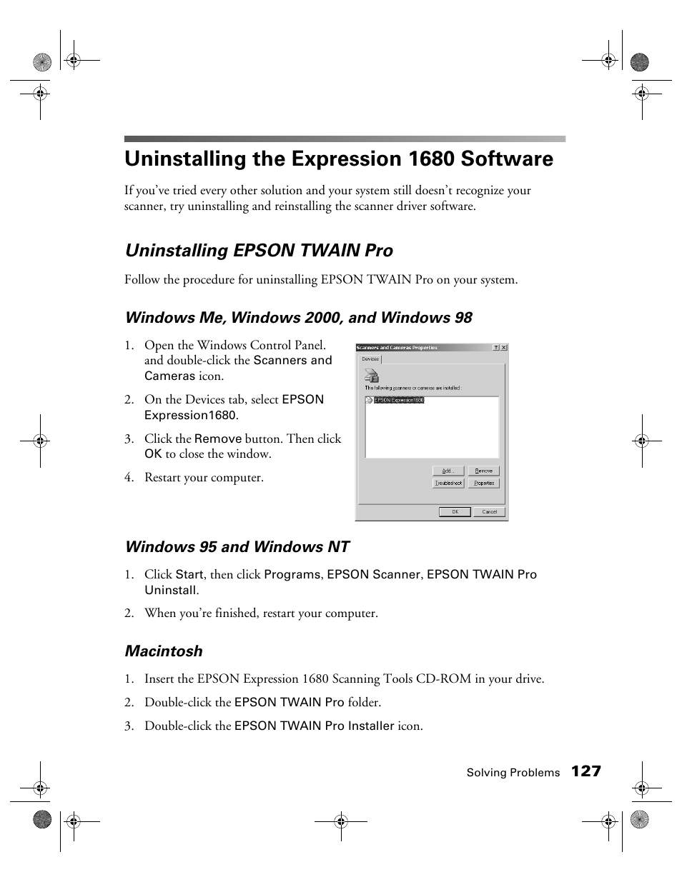 Uninstalling the expression 1680 software, Uninstalling epson twain pro | Epson Expression 1680 User Manual | Page 134 / 159