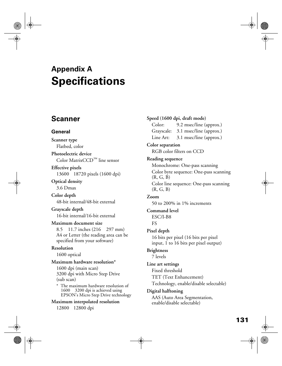 Appendix a-specifications, Appendix a specifications, Specifications | Appendix a, Scanner | Epson Expression 1680 User Manual | Page 138 / 159