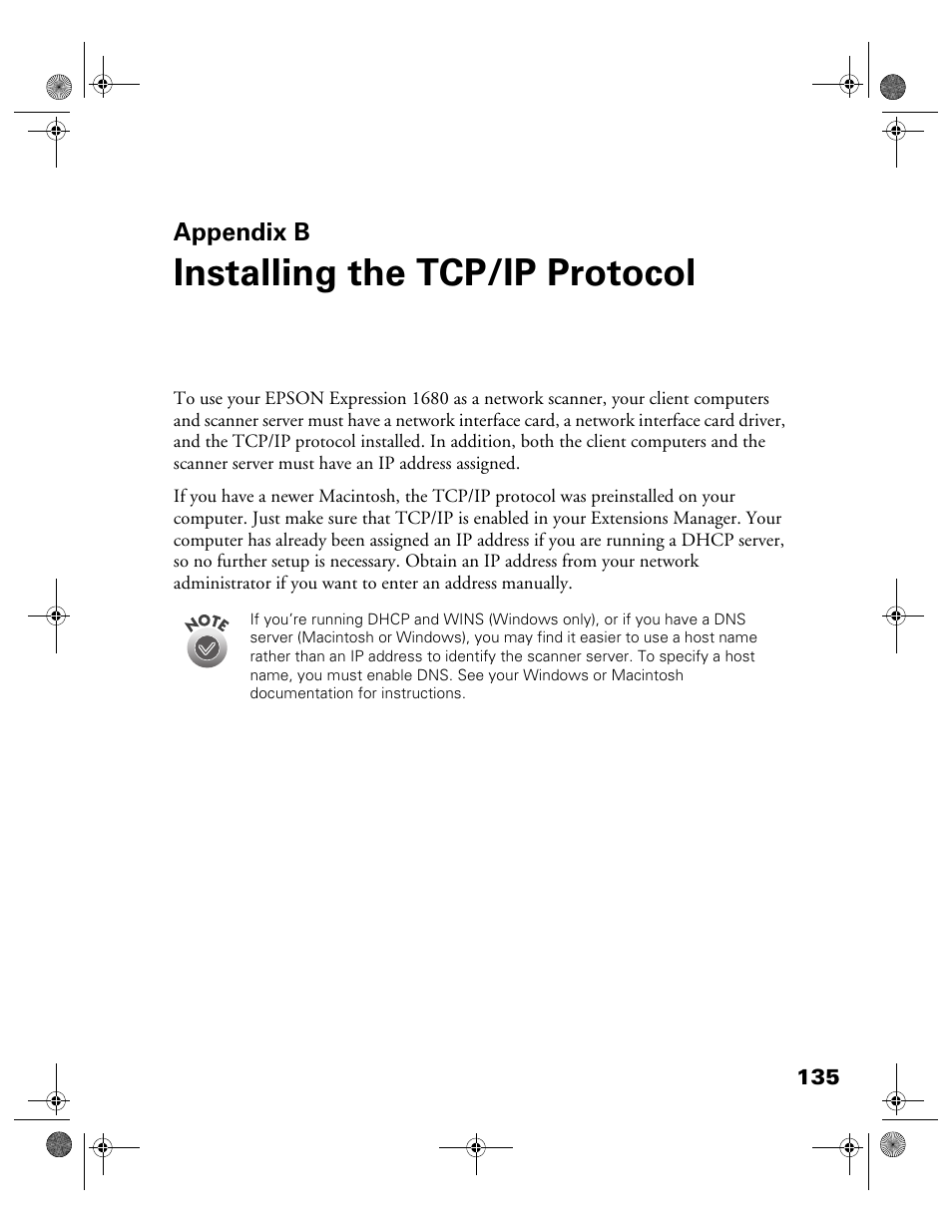 Appendix b-installing the tcp/ip protocol, Appendix b, Installing the tcp/ip protocol | E appendix b, “installing the tcp/ip protocol | Epson Expression 1680 User Manual | Page 142 / 159