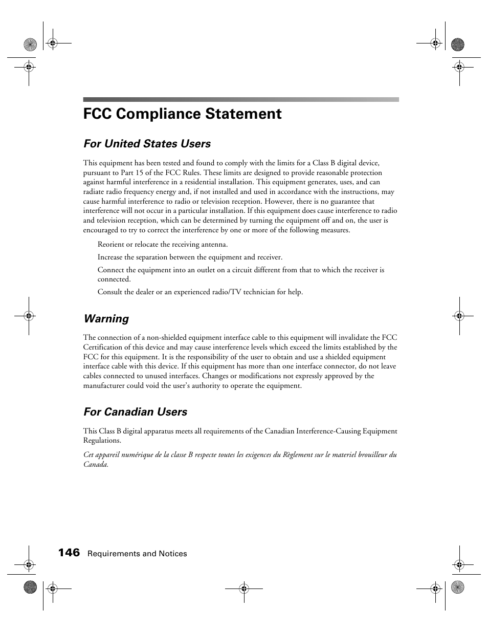 Fcc compliance statement, For united states users, Warning | For canadian users | Epson Expression 1680 User Manual | Page 153 / 159