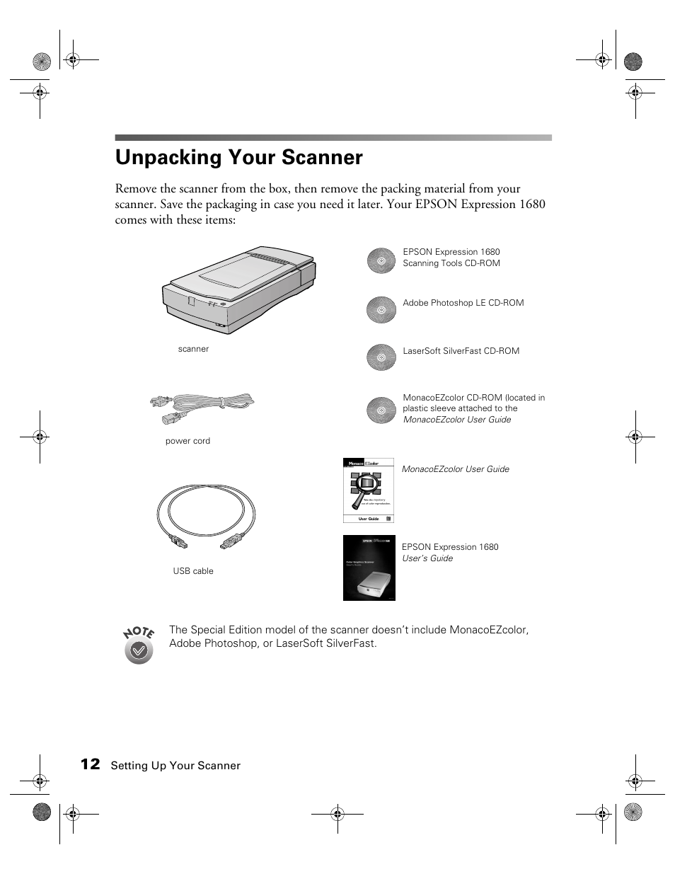 Unpacking your scanner | Epson Expression 1680 User Manual | Page 19 / 159