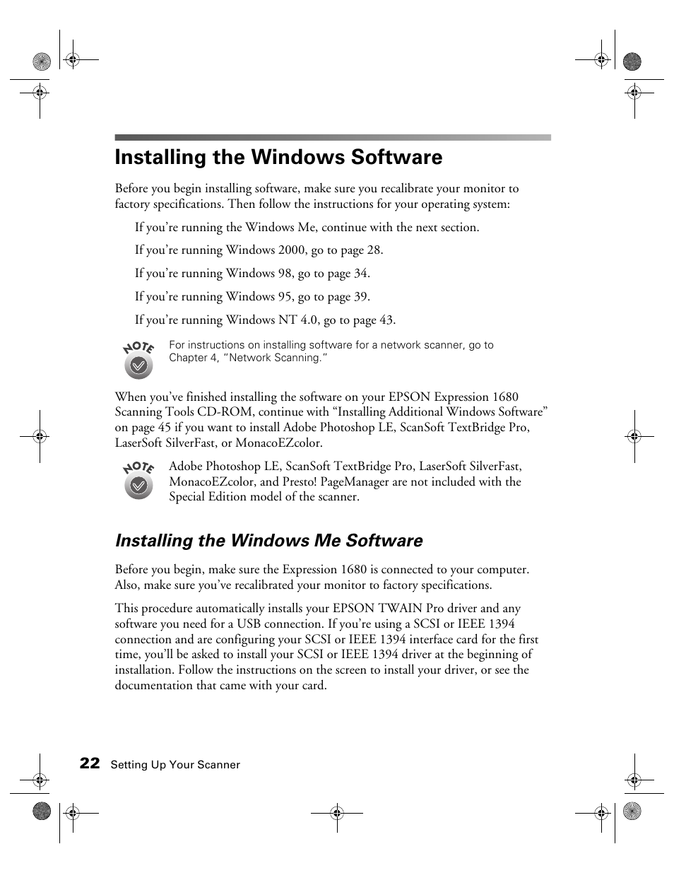 Installing the windows software, Installing the windows me software | Epson Expression 1680 User Manual | Page 29 / 159