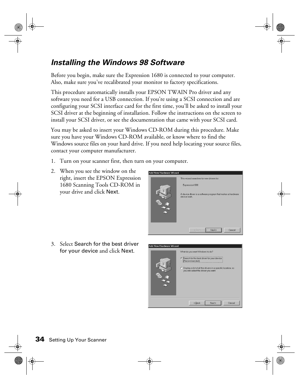 Installing the windows 98 software | Epson Expression 1680 User Manual | Page 41 / 159