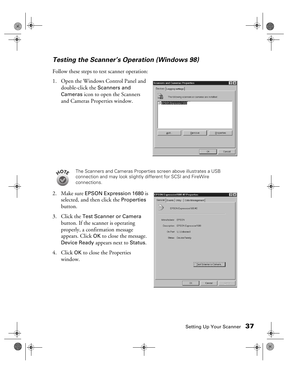 37 testing the scanner’s operation (windows 98) | Epson Expression 1680 User Manual | Page 44 / 159