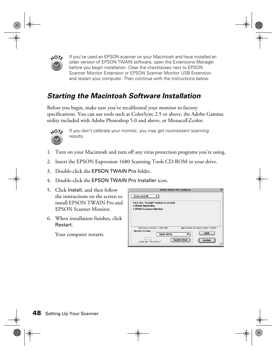 Starting the macintosh software installation | Epson Expression 1680 User Manual | Page 55 / 159