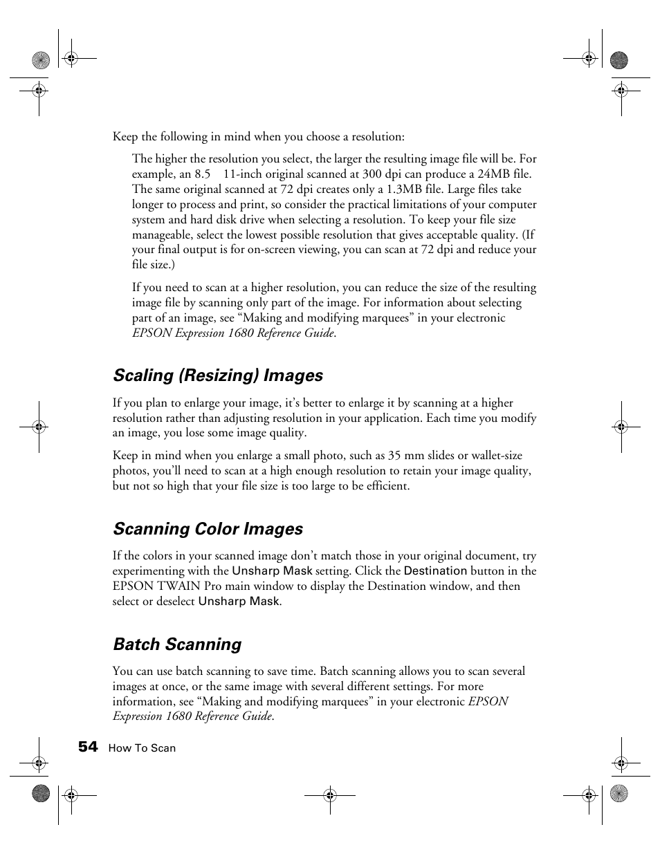 Scaling (resizing) images, Scanning color images, Batch scanning | Epson Expression 1680 User Manual | Page 61 / 159