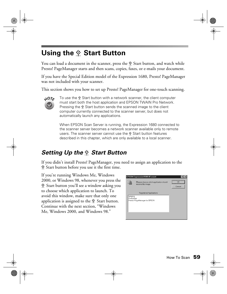 Using the, Start button, Setting up the | A start button | Epson Expression 1680 User Manual | Page 66 / 159