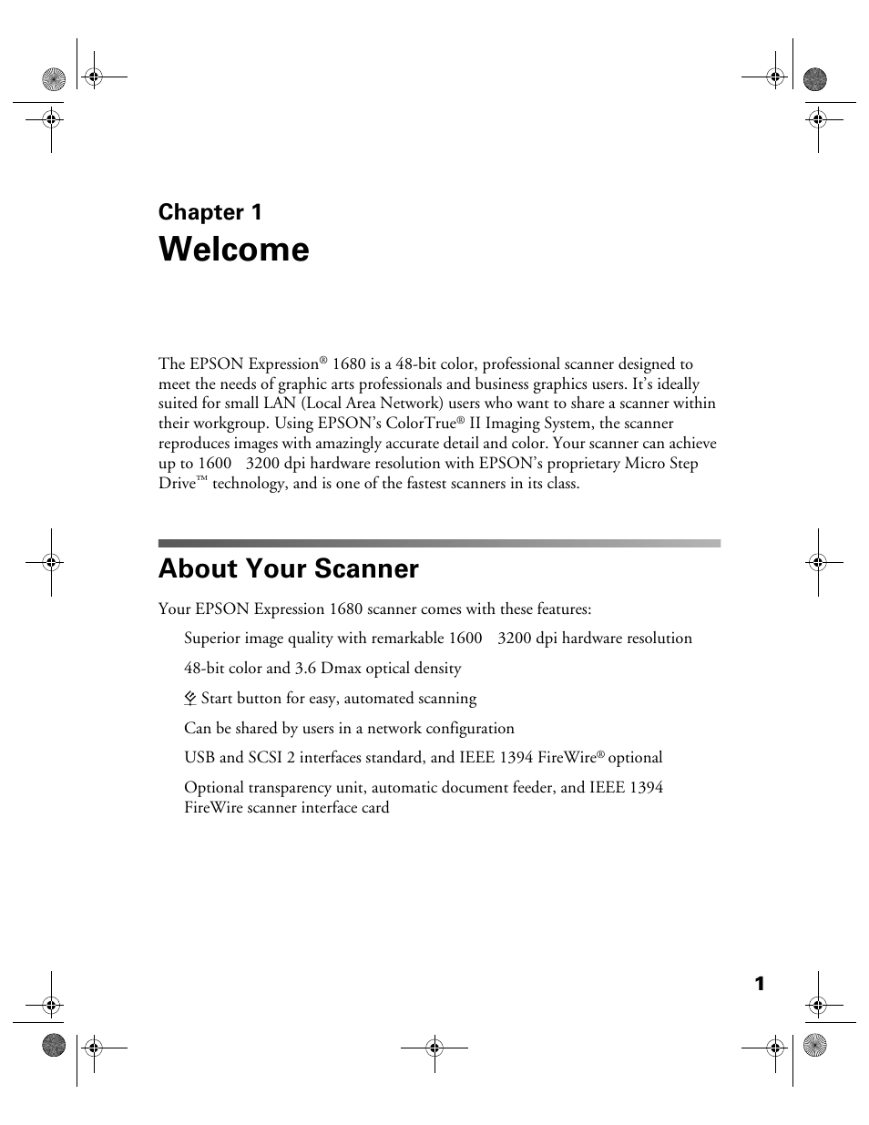 Chap 1-welcome, About your scanner, Chapter 1 | Welcome | Epson Expression 1680 User Manual | Page 8 / 159