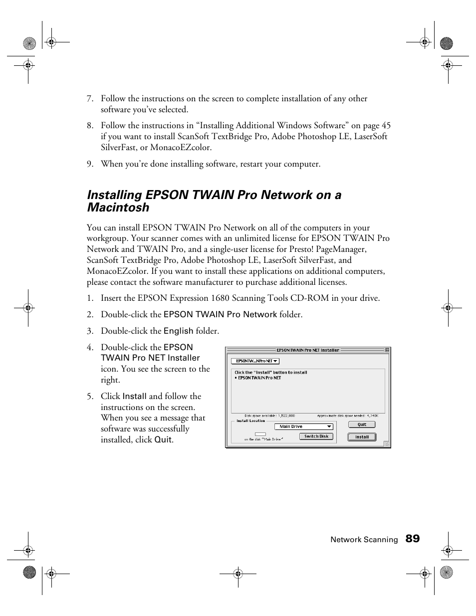 Installing epson twain pro network on a macintosh | Epson Expression 1680 User Manual | Page 96 / 159