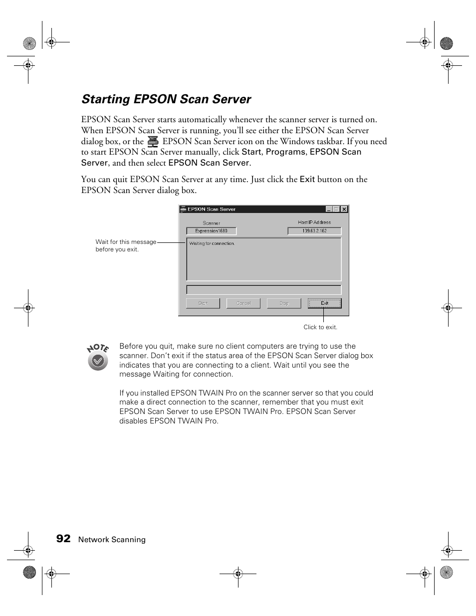 Starting epson scan server | Epson Expression 1680 User Manual | Page 99 / 159