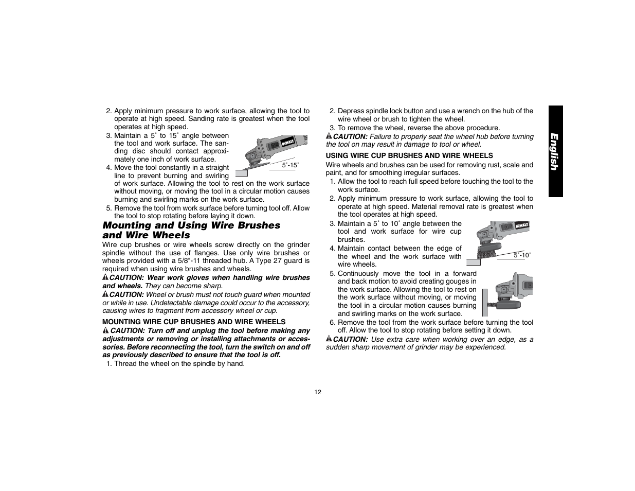 English, Mounting and using wire brushes and wire wheels | Epson D28402 User Manual | Page 13 / 52