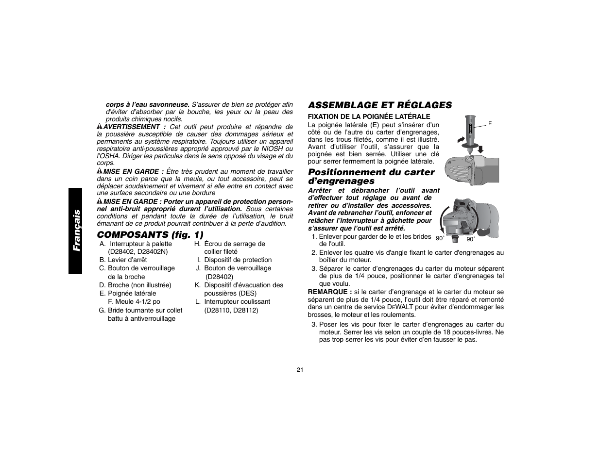 Français, Composants (fig. 1), Assemblage et réglages | Positionnement du carter d’engrenages | Epson D28402 User Manual | Page 22 / 52