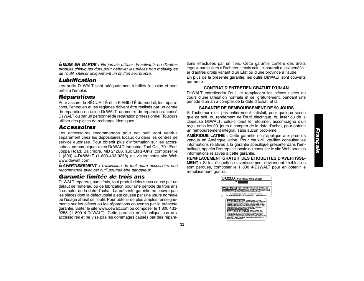 Français, Lubrification, Réparations | Accessoires, Garantie limitée de trois ans | Epson D28402 User Manual | Page 33 / 52