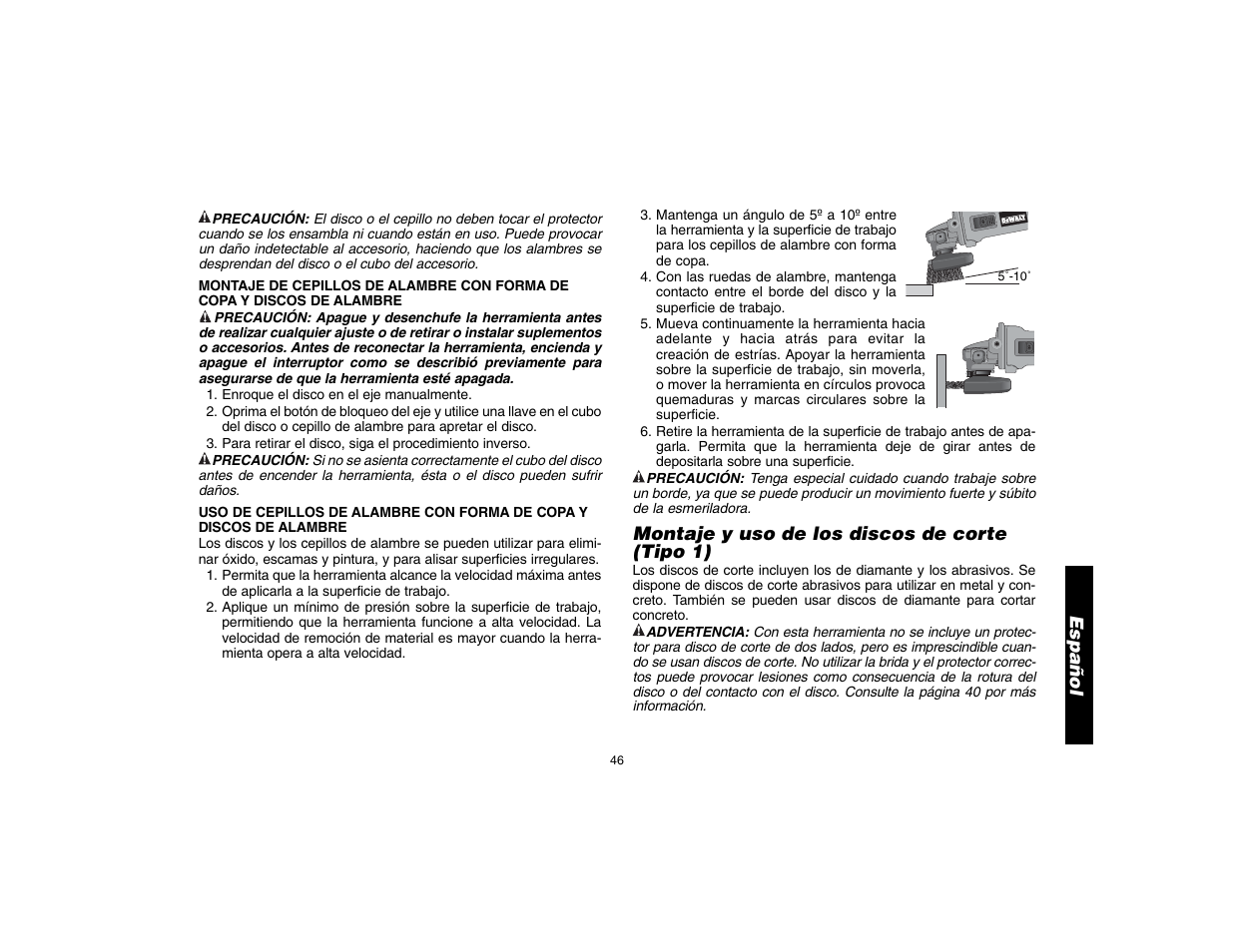 Español, Montaje y uso de los discos de corte (tipo 1) | Epson D28402 User Manual | Page 47 / 52